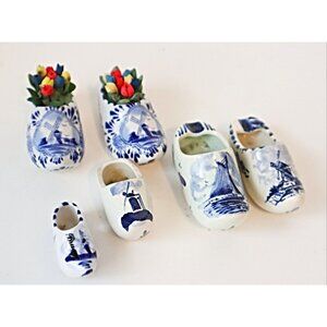 6 Vintage Delft Blue Dutch Shoe Ashtray Tulips Miniature Holland Delftware